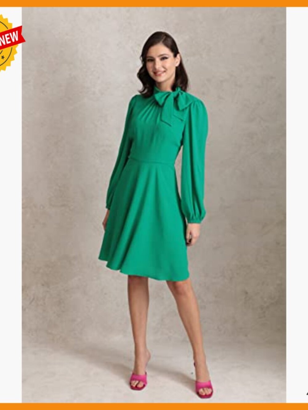 Fit & Flare Dress with Puff Sleeves, Tie Neck, Above Knee - Picture 4 of 4
